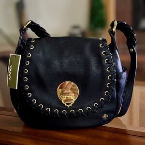 orYANY Black Pebble Leather Shoulder Bag Slip Stitch Edging & Gold Hardware NWT